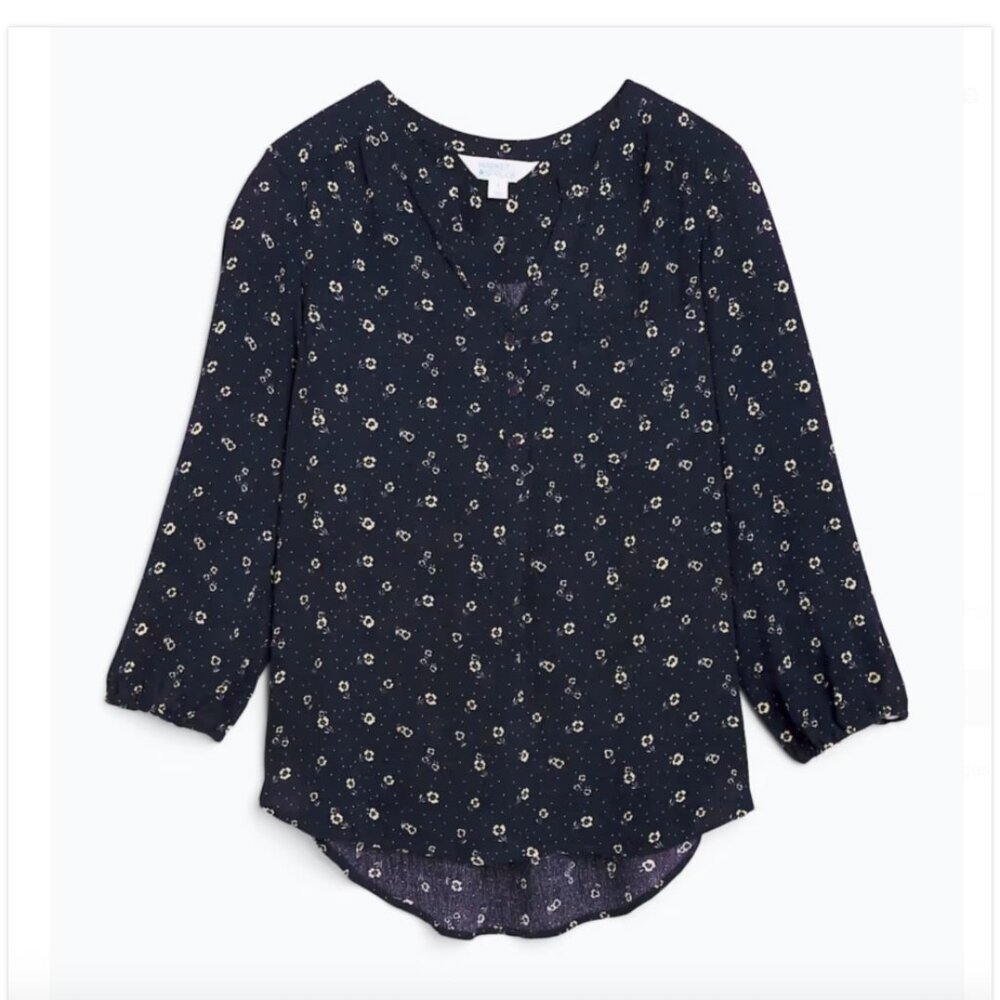 Market & Spruce Prat Henley Navy/Cream 3/4 Sleeve Blouse Women's Small $20